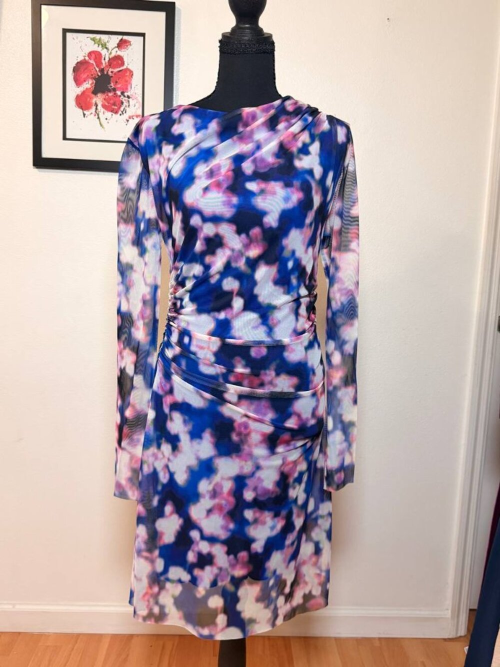 & Other Stories Floral Mesh Ruched Long Sleeve Bodycon Dress Sz S